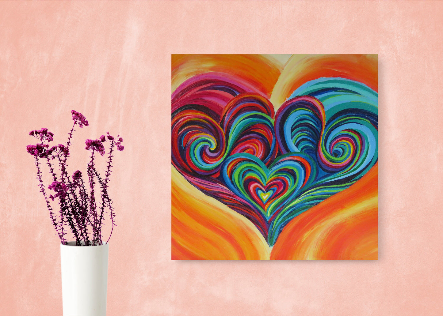 Heart Art Canvas Wrap or Art print colorful artwork framed kids hearts art Spiritual gifts hippy art psychadelic rainbow nursery art