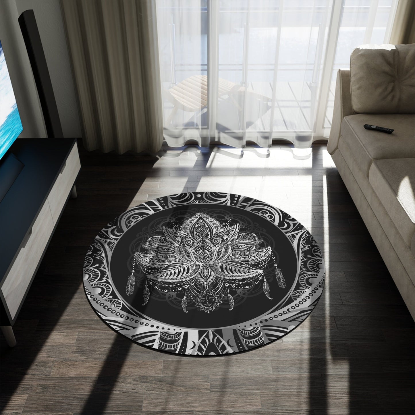 Lotus Rug black & White Rug spiritual Rug gray Floor Rug 3x5 4x6 5x7 8x10 9x12 Large rugs round trippy lotus flower rugs sacred geometry