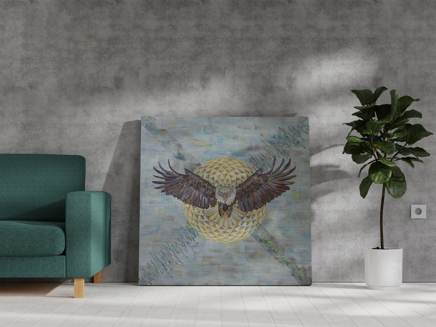 Eagle Art Canvas Wrap colorful blue sacred geometry torus seed bird artwork Surrealism art