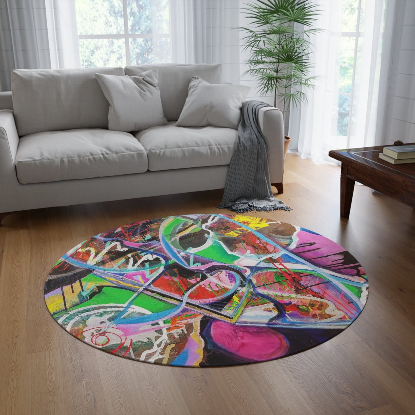 Colorful Abstract Pop Art Round Rug 5FT graffiti Rugs colorful 5' rugs circle grafiti decor abstract art floor mat pink green rugs round