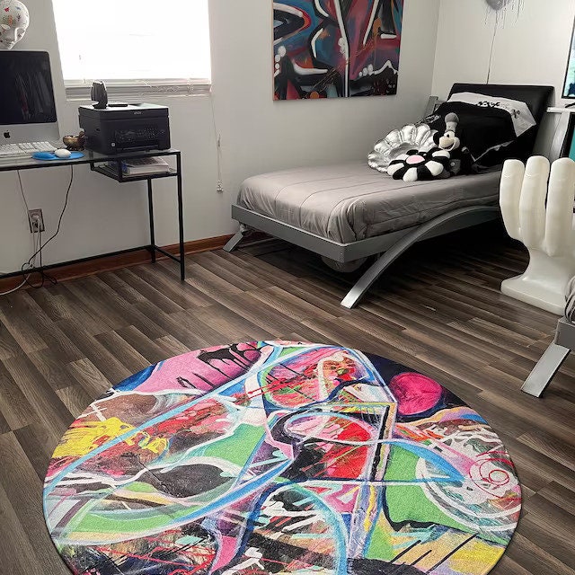 Colorful Abstract Pop Art Round Rug 5FT graffiti Rugs colorful 5' rugs circle grafiti decor abstract art floor mat pink green rugs round