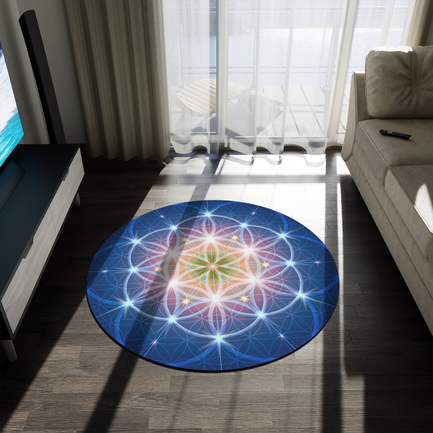Blue Sacred Geometry Round Rug 5FT crystal grid spiritual Rug flower of life Floor Rug 5' Mat