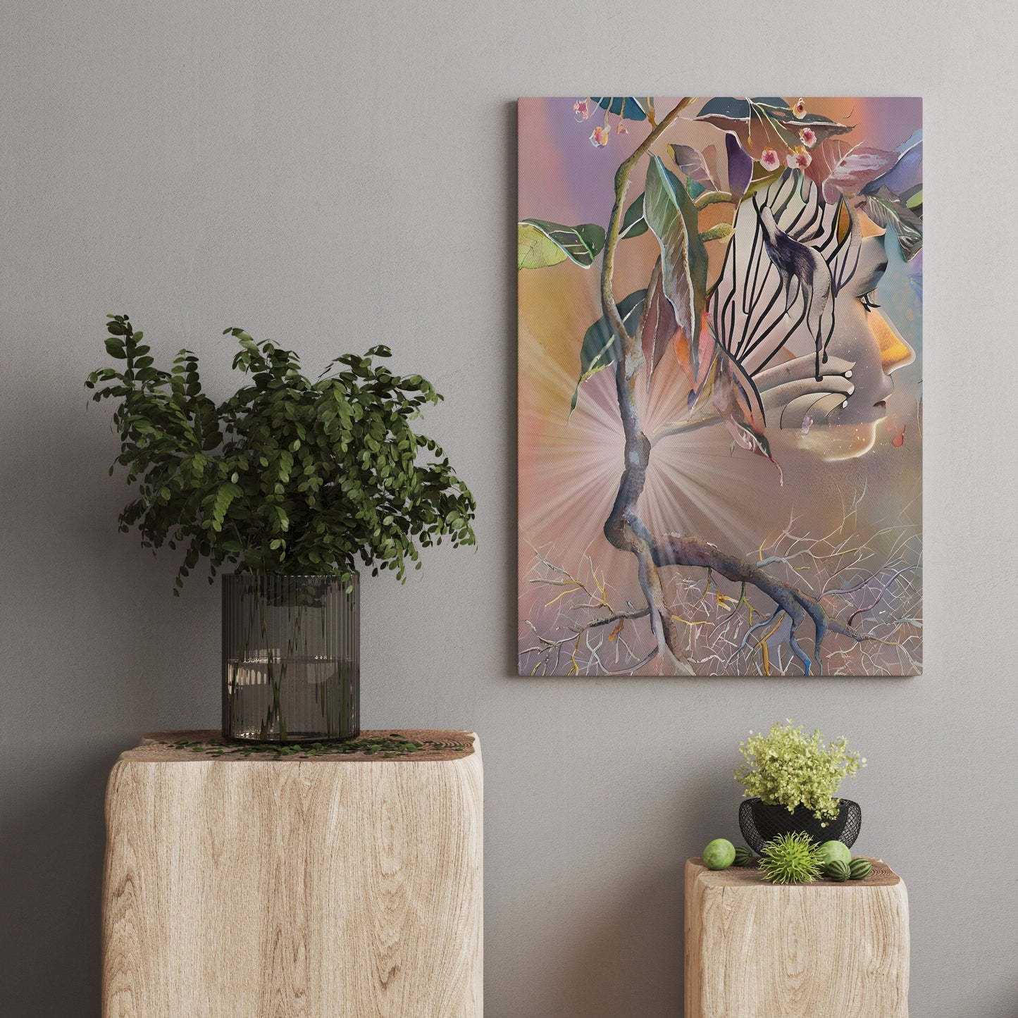 Tabernanthe Canvas Wrap Surrealism artwork face psychedelic africa plant art root watercolor
