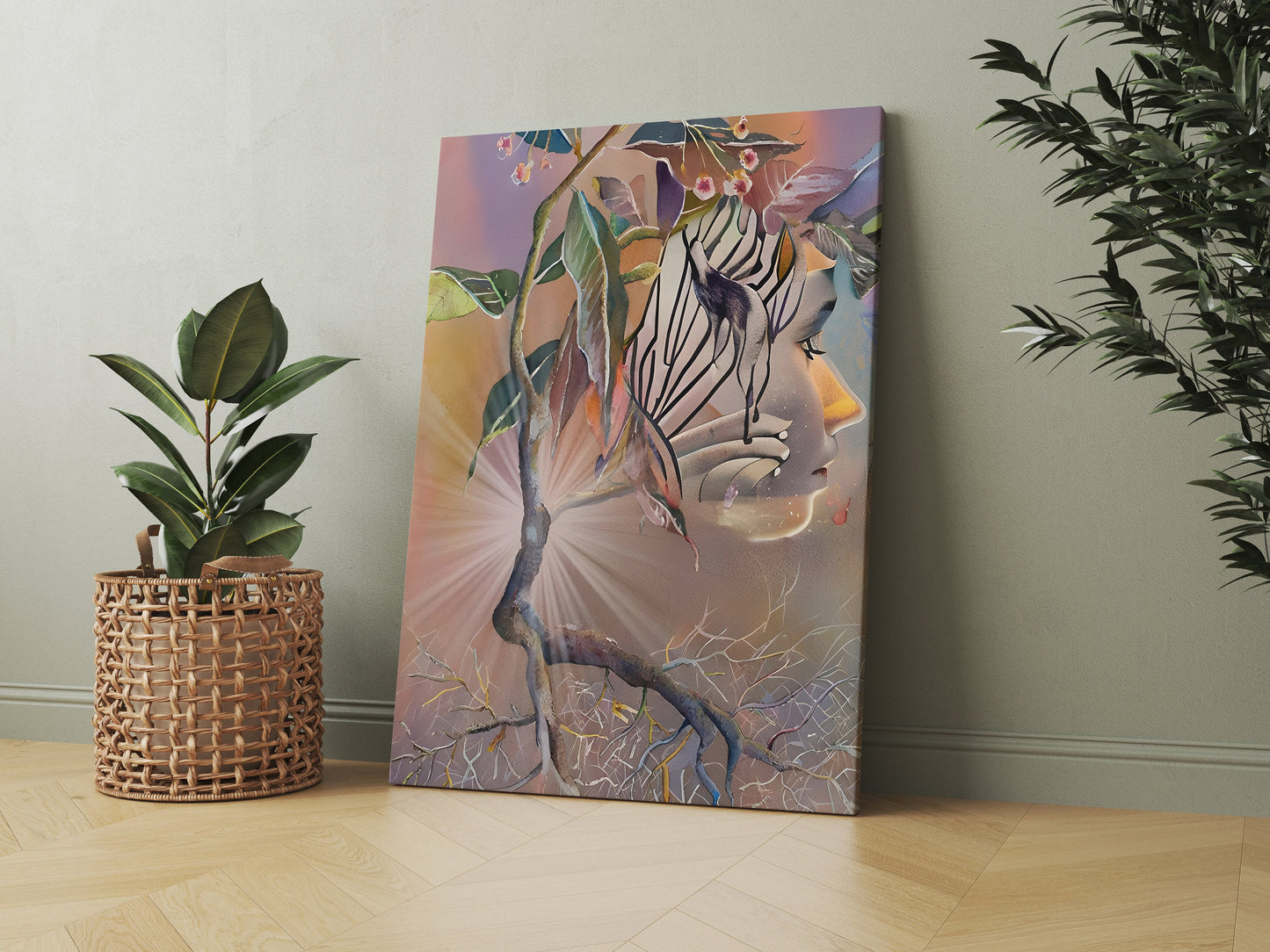 Tabernanthe Canvas Wrap Surrealism artwork face psychedelic africa plant art root watercolor