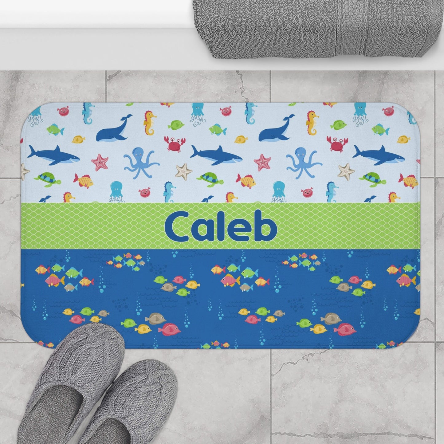 Custom Kids Name Shower Curtain Personalized shower curtains customized ocean bathroom cute fish underwater blue green