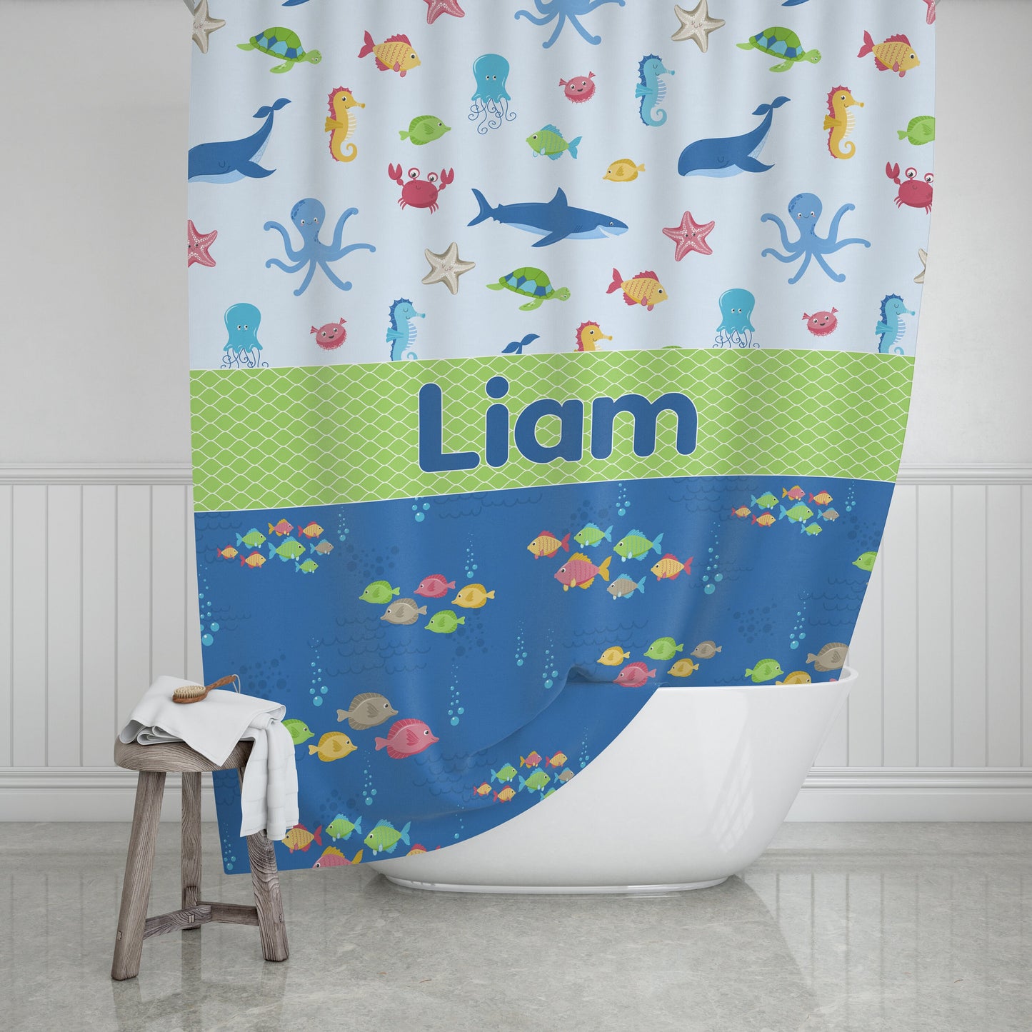 Custom Kids Name Shower Curtain Personalized shower curtains customized ocean bathroom cute fish underwater blue green