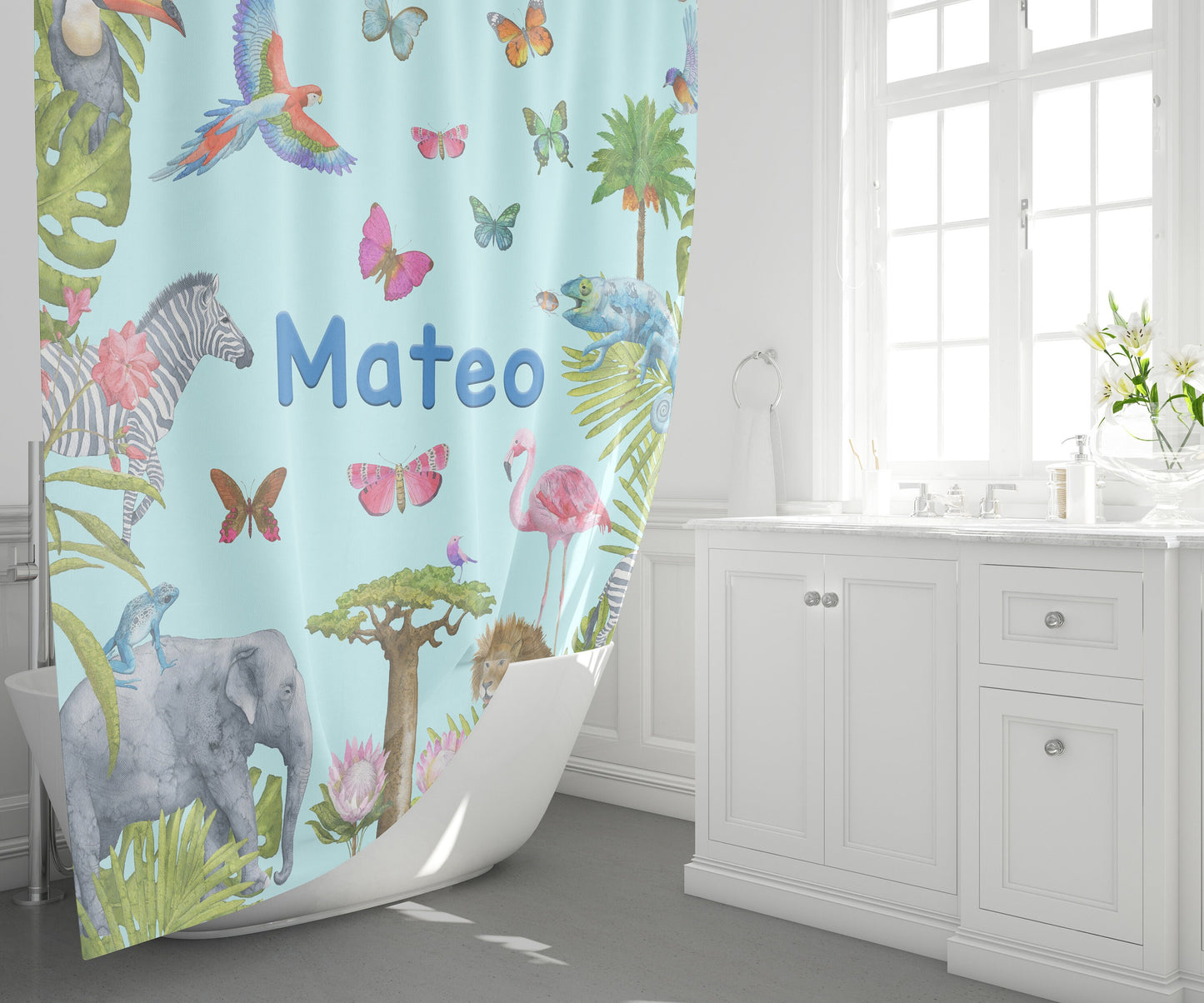 Custom Jungle Animals Shower Curtain safari shower girls boys shower curtain kids zoo blue shower curtain & or bath mat