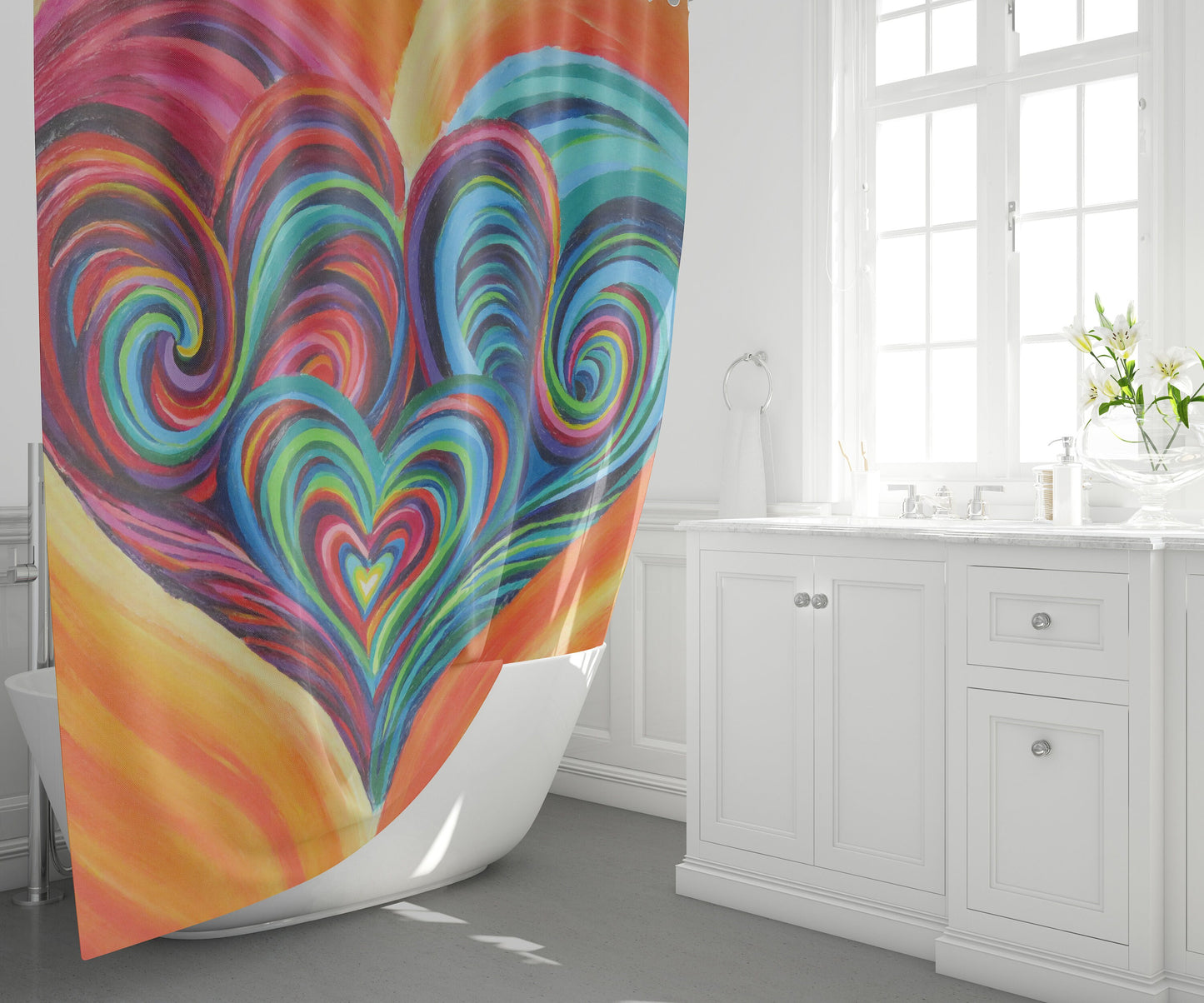 Hearts Shower Curtain colorful bath mat heart bathroom rainbow hippy art rugs cute shower curtain psychadelic swirly artwork unique gift