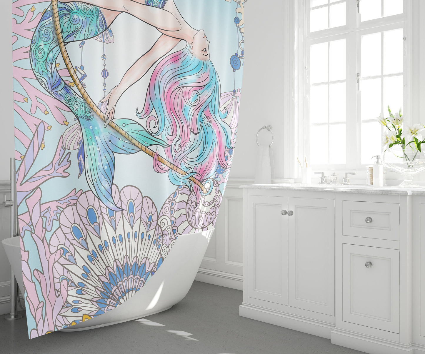 Mermaid Shower Curtain girly shower curtains ocean shower curtain girls shower curtains kids shower curtains pink shower decor beach decor