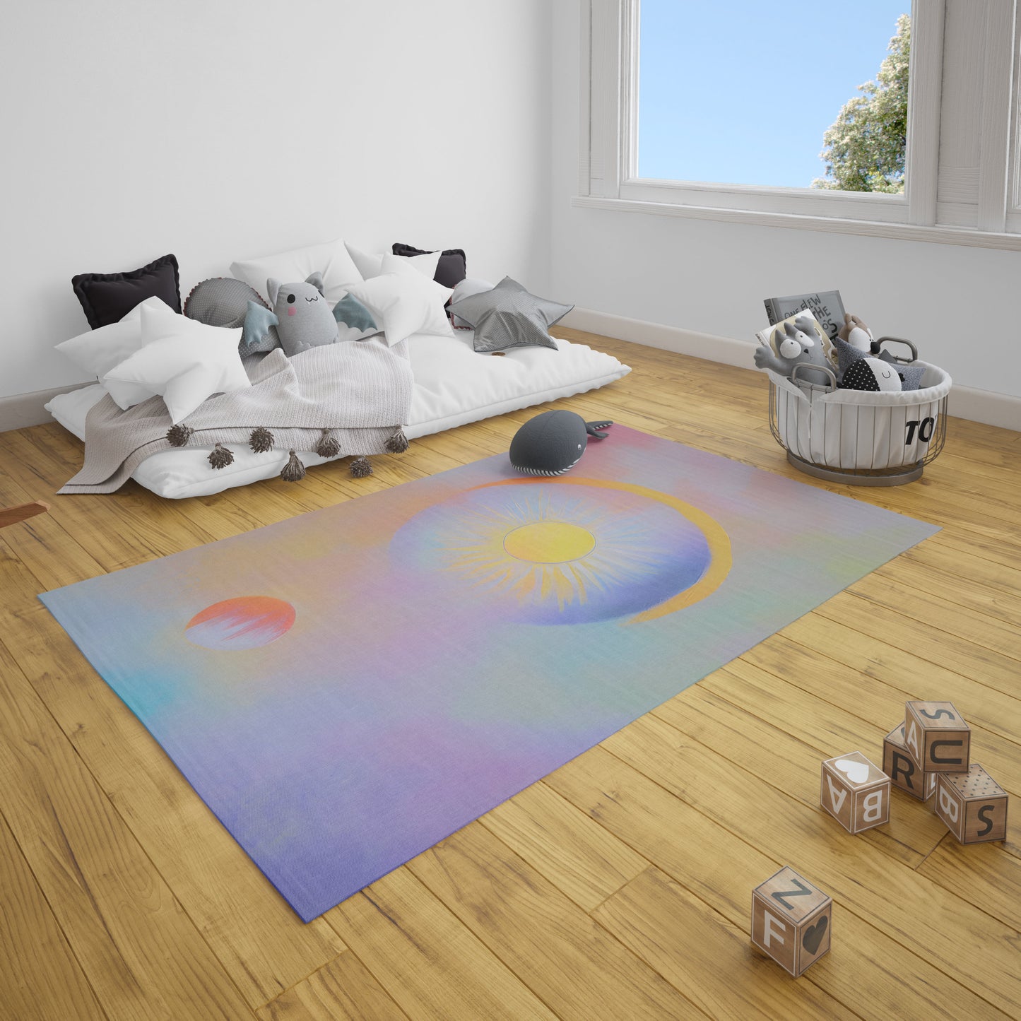 Sun Moon Abstract Art Rug modern Rug contemporary Rugs yellow colorful pastel celestial Floor Rugs 2x3 3x5 4x6 5x7 8x10 Large rug