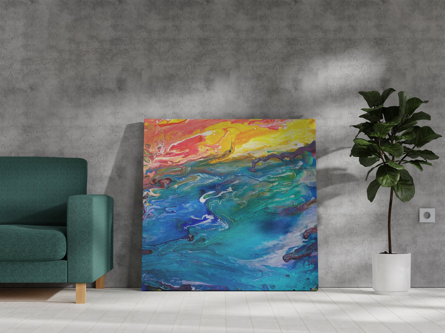 Abstract Ocean Canvas Wrap blue yellow colorful art beach artwork water