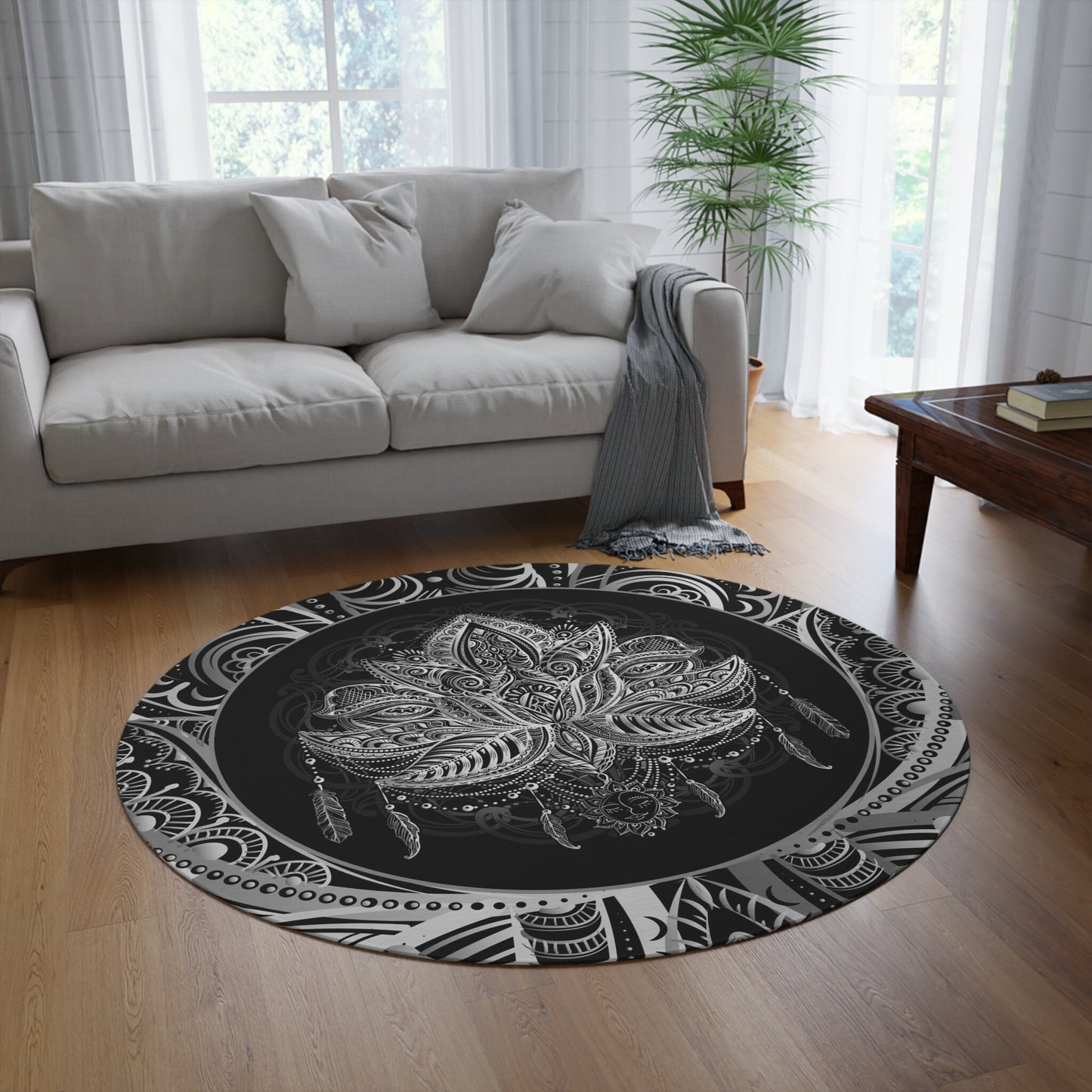 Lotus Rug black & White Rug spiritual Rug gray Floor Rug 3x5 4x6 5x7 8x10 9x12 Large rugs round trippy lotus flower rugs sacred geometry