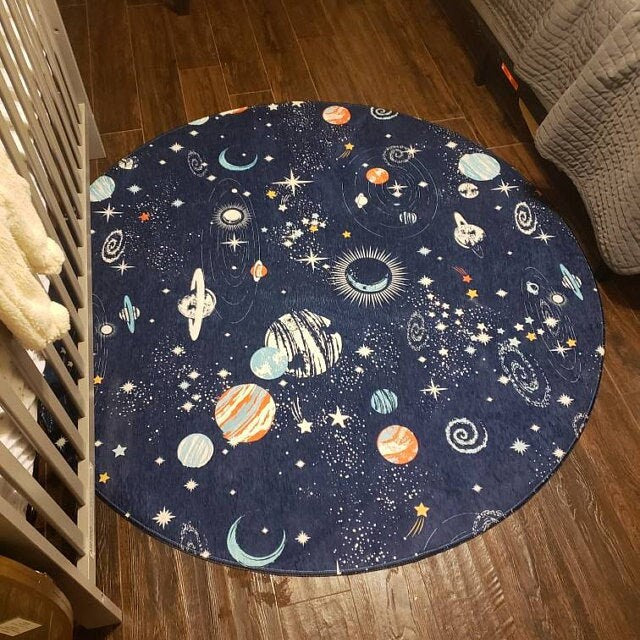 Space Galaxy Round Rug 5Ft blue orange space 5' Rug Girls Boys Rug kids Floor Rug space rugs galaxy rugs planets rug star constellations rug