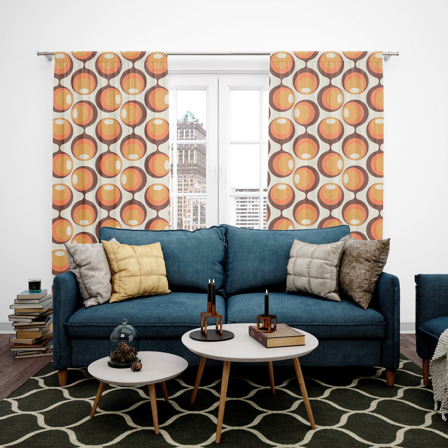 Retro Orange Circles Window Curtains colorful Drapery brown orange Curtain Panels mid century modern window treatment