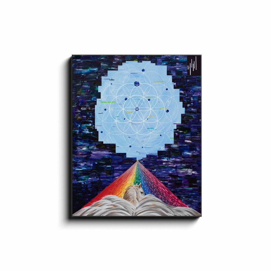 Flying Horse Art Canvas Wrap or Art print Rainbow sacred geometry Spiritual gifts psychadelic colorful trippy psychedelic
