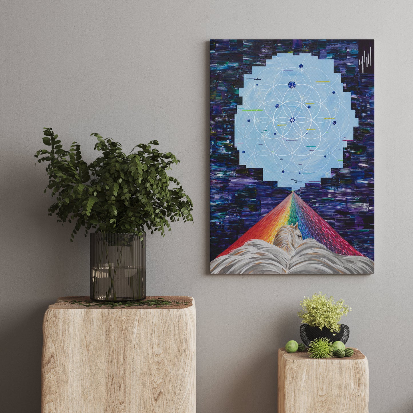 Flying Horse Art Canvas Wrap or Art print Rainbow sacred geometry Spiritual gifts psychadelic colorful trippy psychedelic