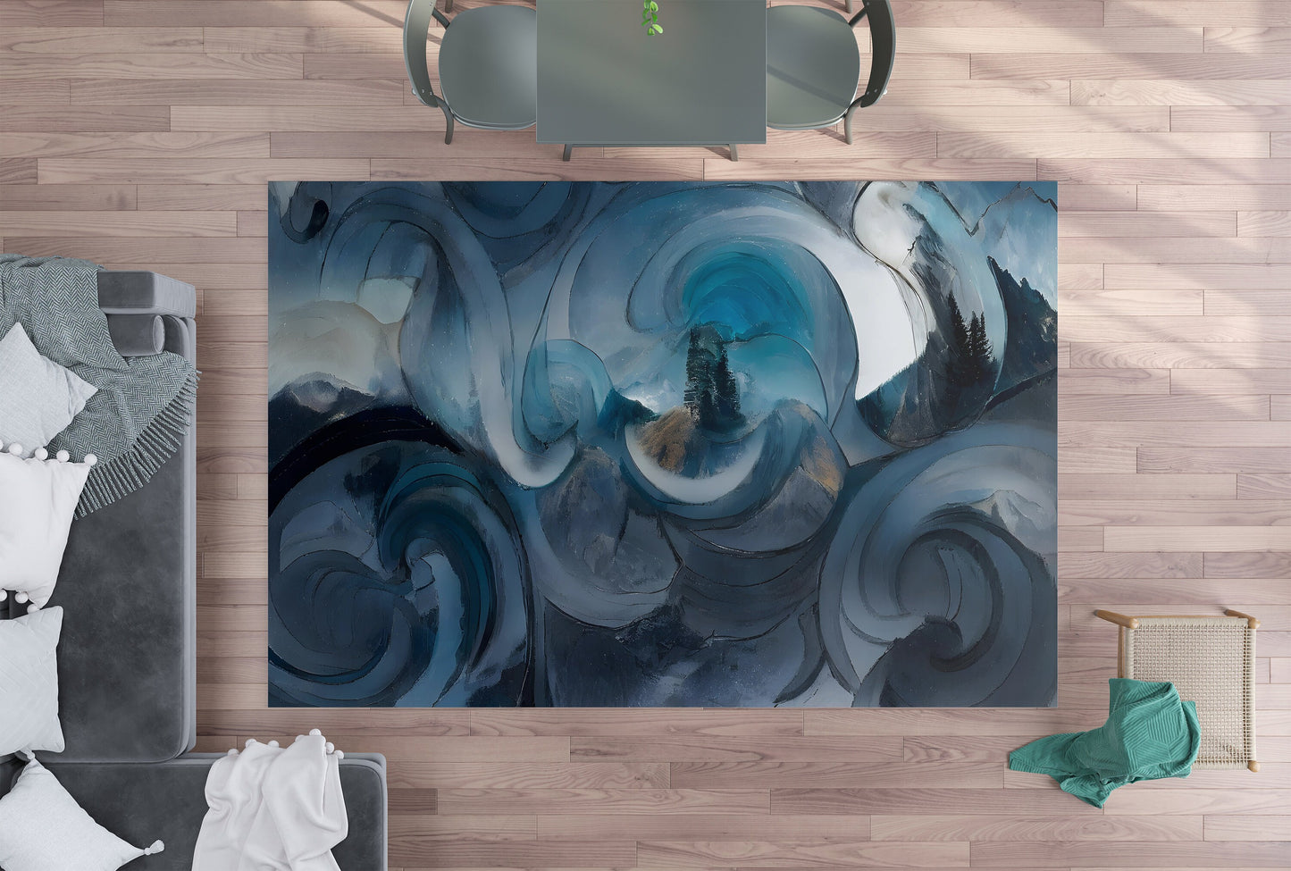 Abstract Art Rug Blue Rugs swirly unique Rugs 2x3 3x5 4x6 5x7 8x10 Large blue grey floormat