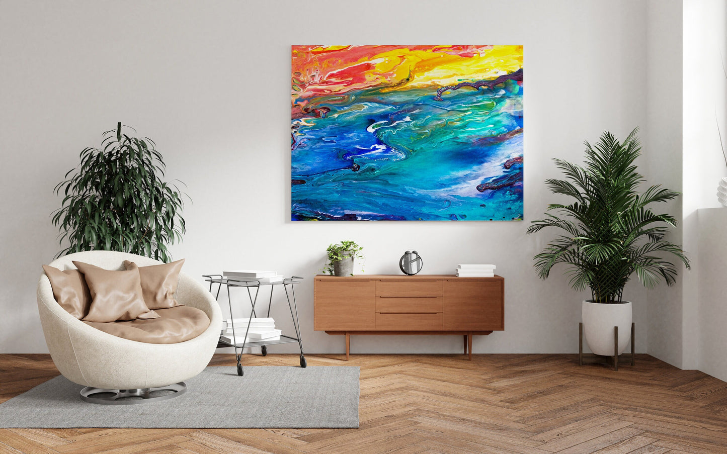 Abstract Ocean Canvas Wrap blue yellow colorful art beach artwork water
