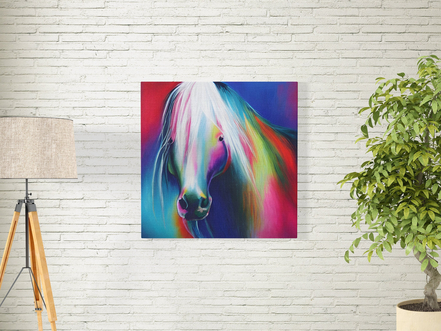 Abstract Horse Canvas Wrap Horses artwork colorful rainbow equestrian art white horse pink purple blue