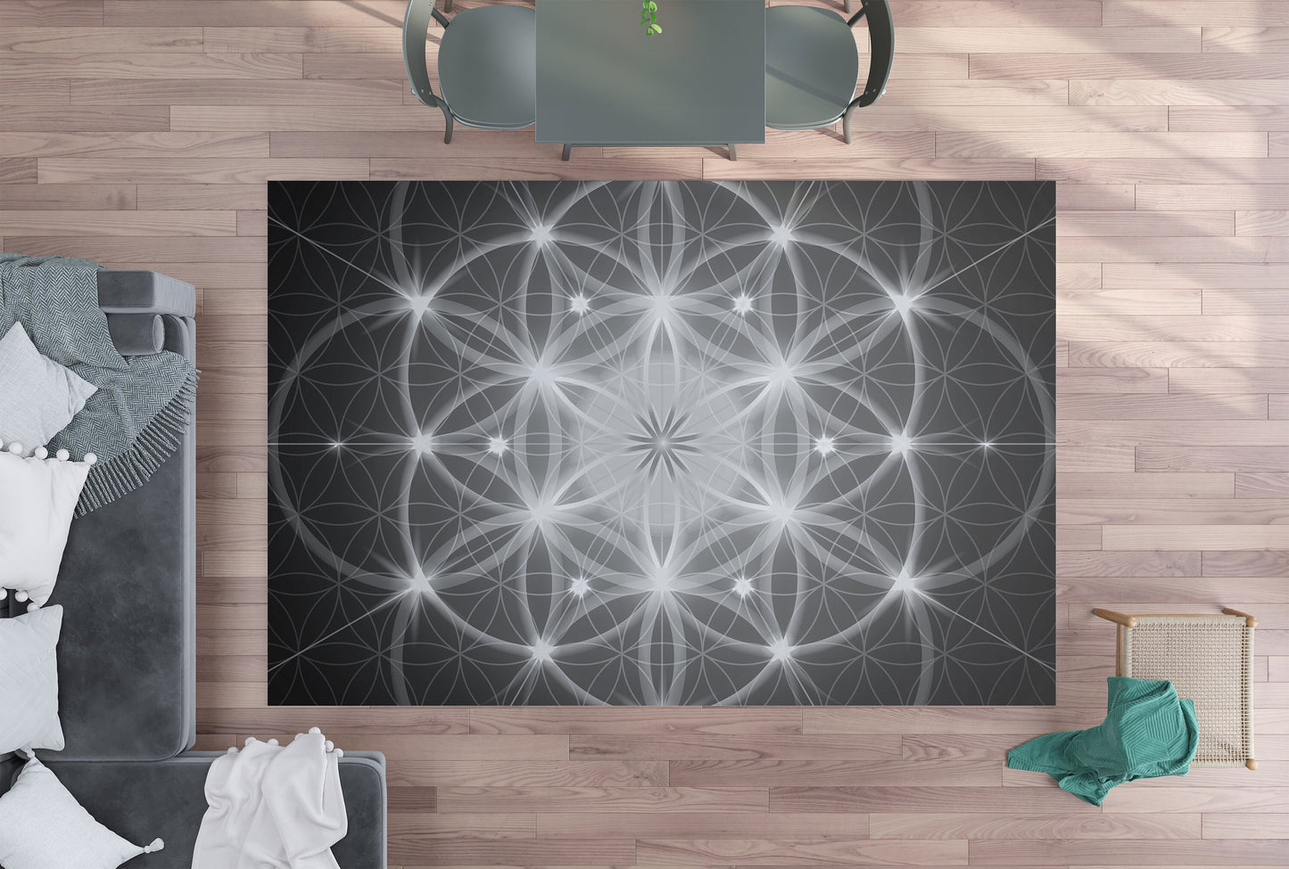 Sacred Geometry Rug flower of life Rug Rug black white gray Floor Rug 4x6 5x7 8x10 9x12 Large rugs neutral colors