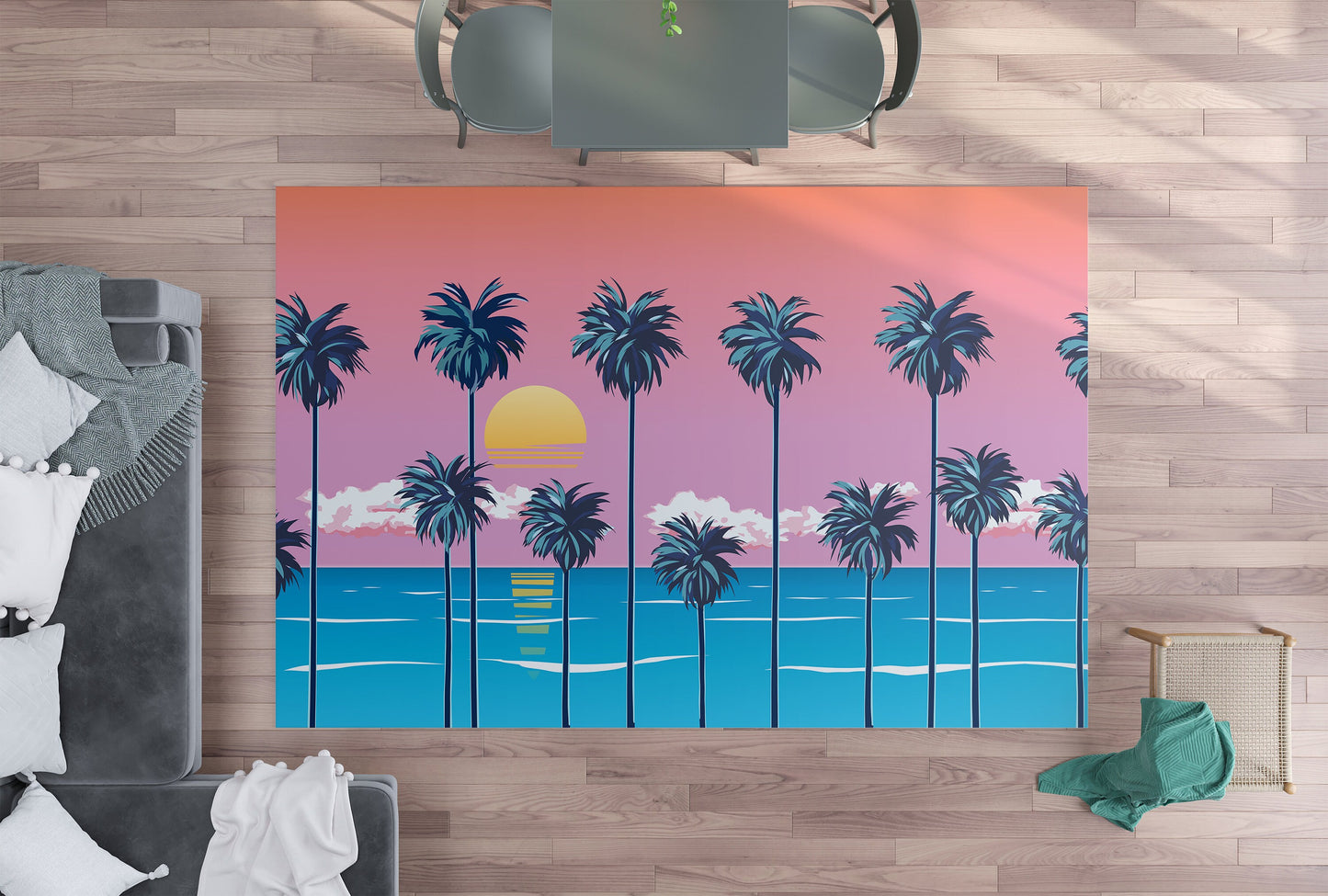 Palm trees Pink sky Rug ocean rugs beach rug tropical floor mat coastal