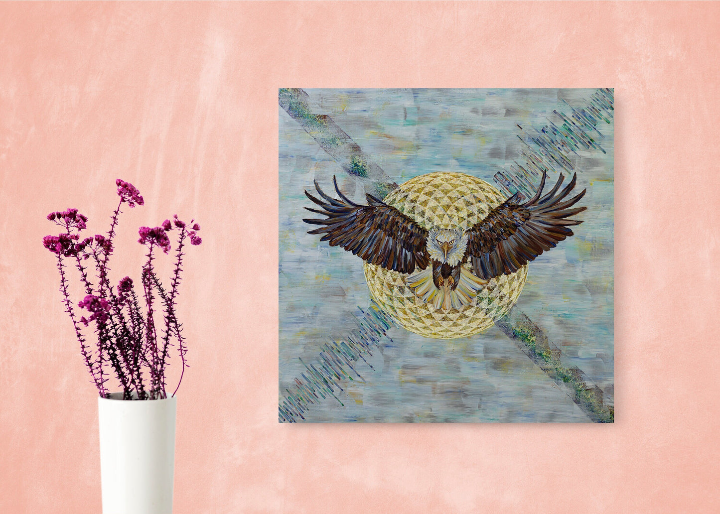 Eagle Art Canvas Wrap colorful blue sacred geometry torus seed bird artwork Surrealism art