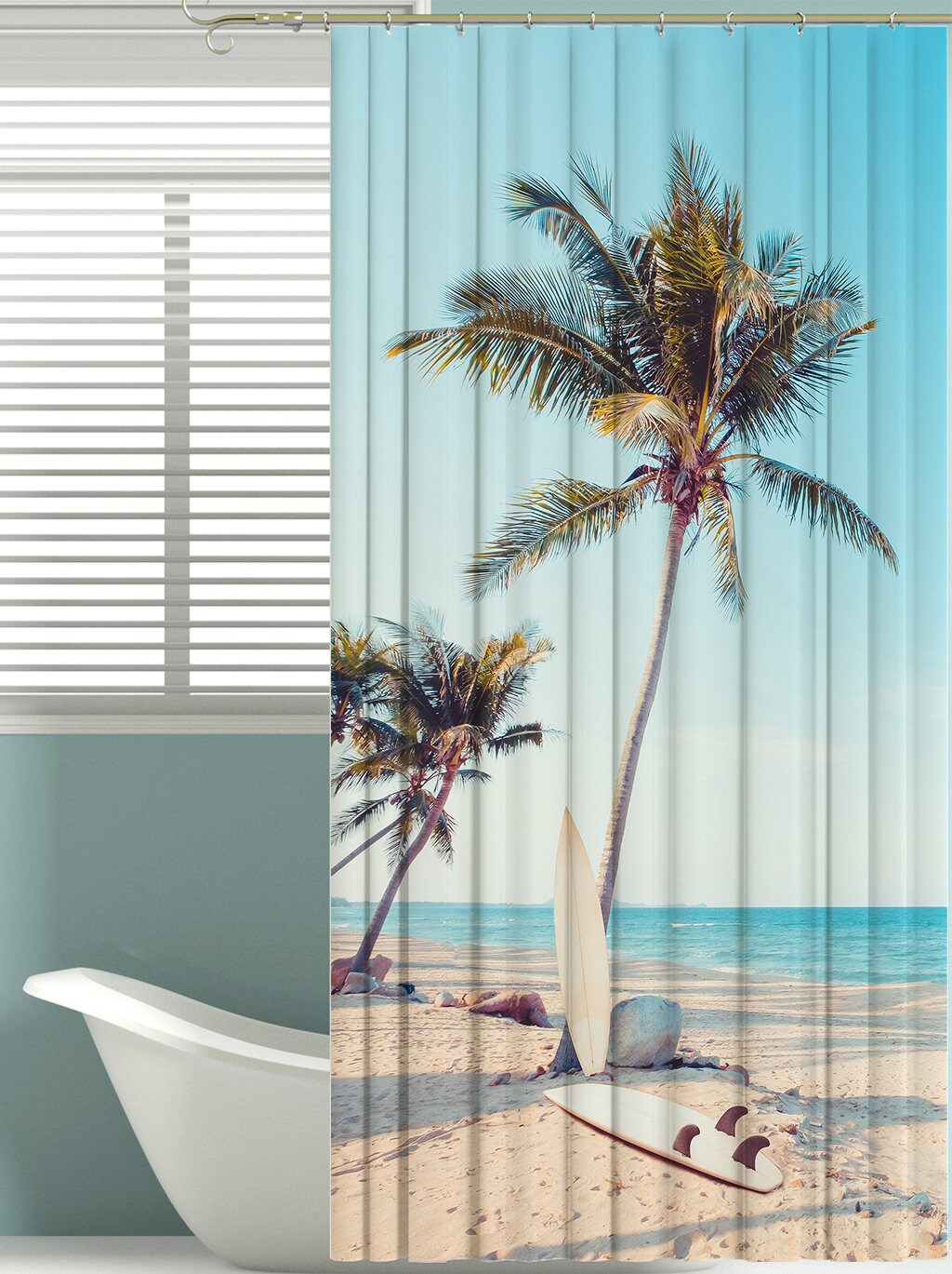 Surf Boards on Beach Shower Curtain surfboards shower curtains ocean shower curtain tropical shower curtains blue ocean