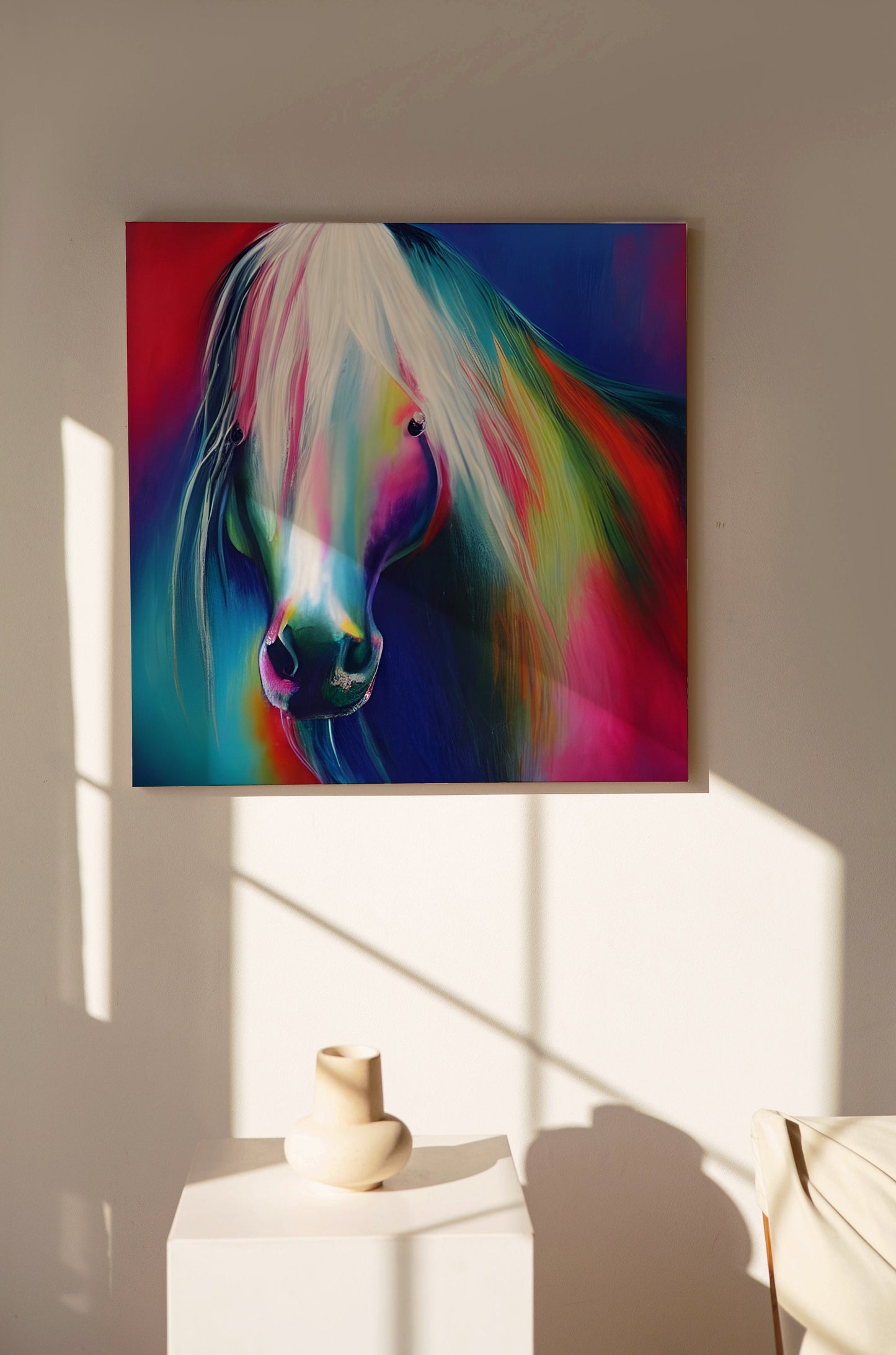 Abstract Horse Canvas Wrap Horses artwork colorful rainbow equestrian art white horse pink purple blue