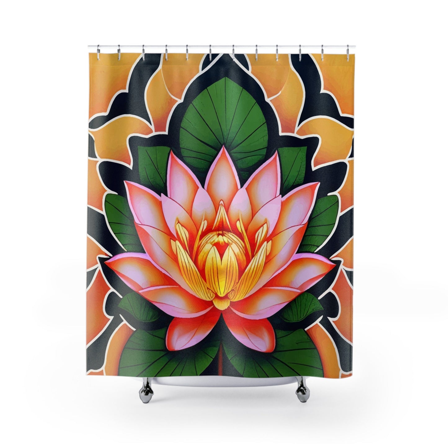 Lotus Flower Shower Curtain green pink floral japanese art bathroom