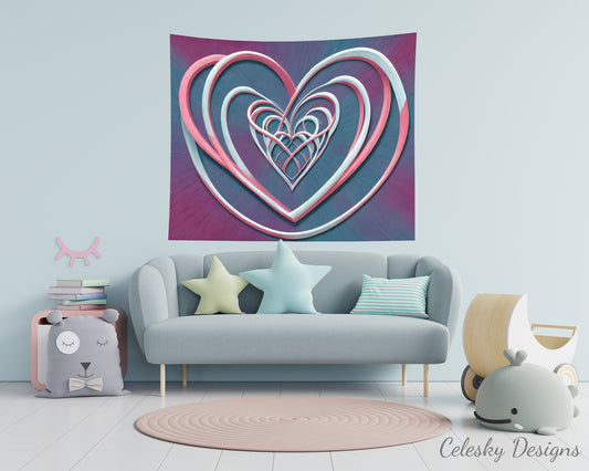 Hearts Tapestry Intertwined heart wall art love tapestry blue pink tapestries hippy tapestry