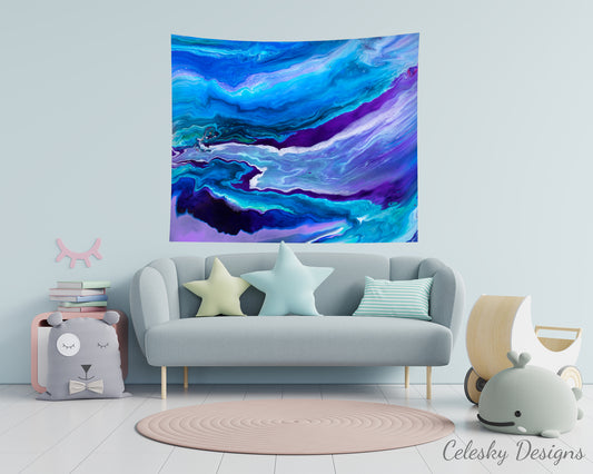 Abstract Blue Tapestry Psychadelic abstract Art Wall Hanging Artsy Unique Colorful Gift Blue Ocean Tapestries Sky Aqua Calm Purple