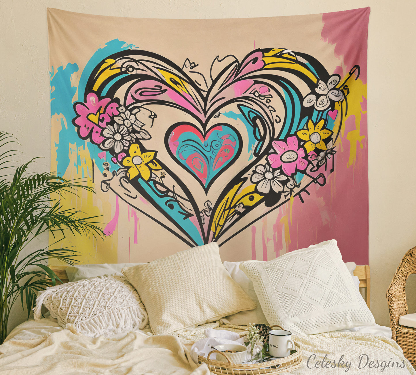 Hearts Tapestry colorful heart love wall art pink abstract heart art tapestry hearts tapestries pink blue