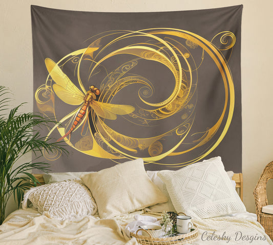 Gold Dragonfly Tapestry Dragonflies Art blue gray Tapestry golden dragonfly Tapestries swirly