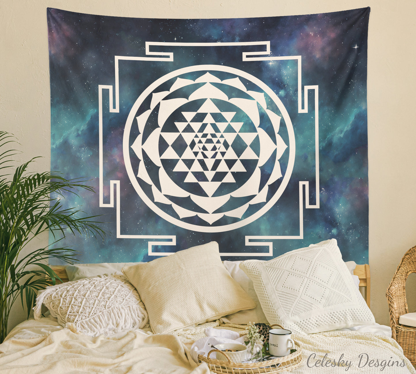 Sri Yantra Tapestry Blue galaxy sacred geometry wall art spiritual tapestries