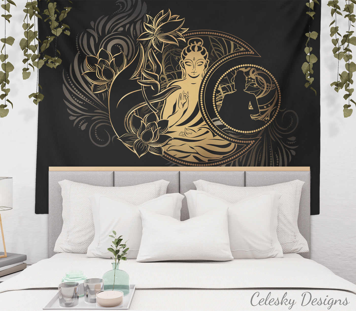 Buddha Tapestry lotus flower black gold spiritual tapestry