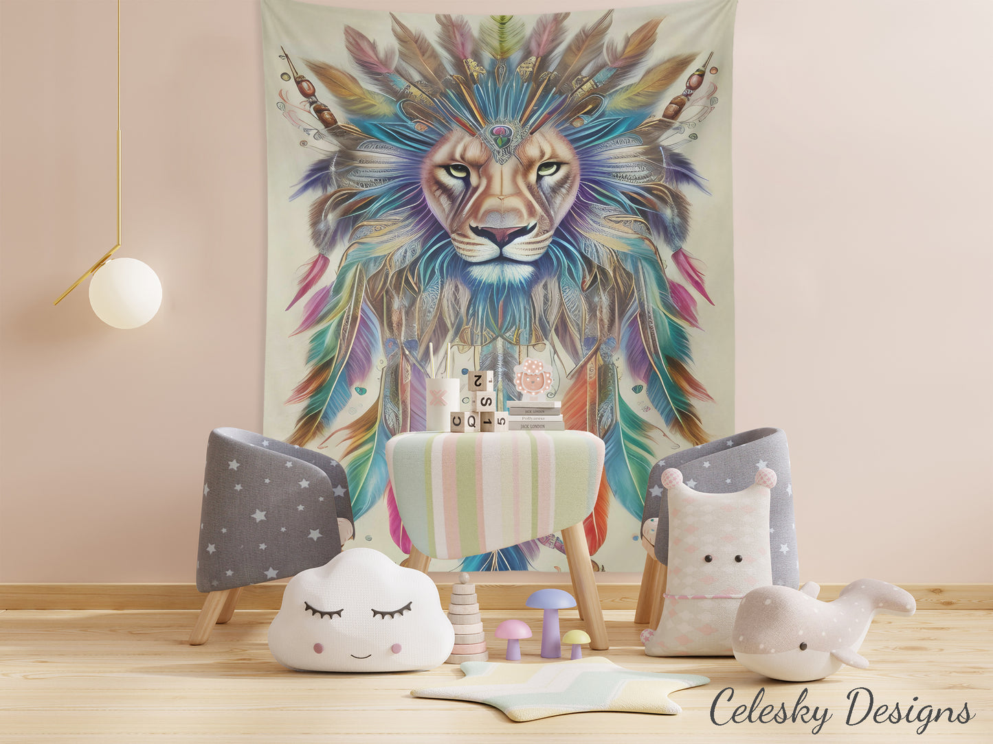 Lion with Feathers Tapestry lions Tapestry lion Art Boho Artwork beige feather tribal