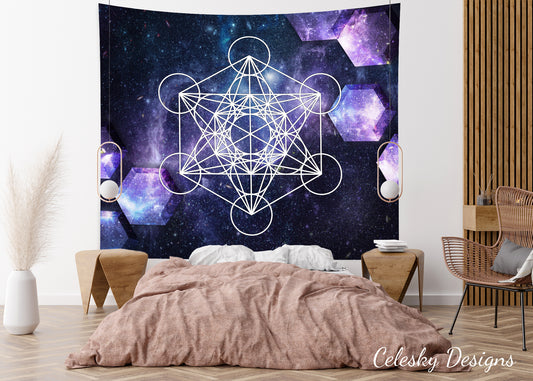 Metatron's Cube Tapestry sacred geometry blue purple galaxy Wall Hanging Tapestries Spiritual Tapestry
