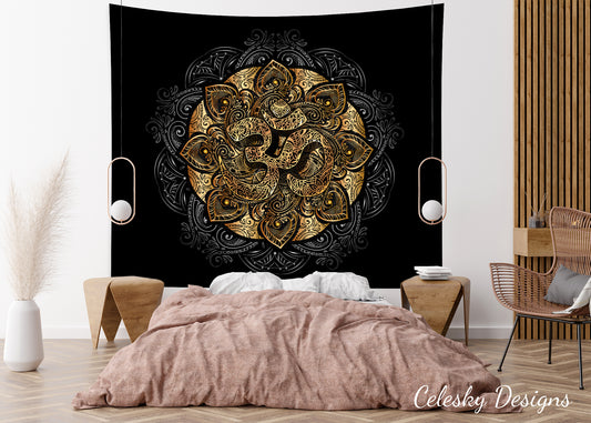 Om Tapestry spiritual Wall Art black gold tapestries