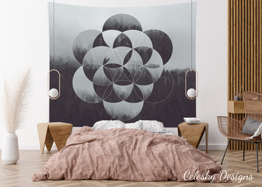 Sacred Geometry Gray Tapestry Flower of Life Tapestry Deep Purple Tapestry Woods Forest Trees