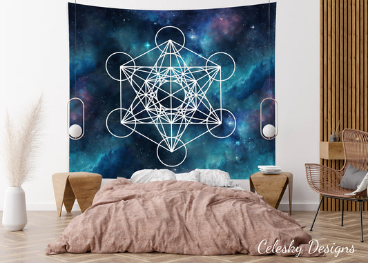 Metatron's Cube Tapestry Sacred Geometry Tapestry galaxy metatrons Wall Hanging blue Tapestry spiritual tapestry