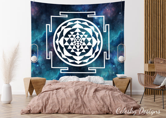 Sri Yantra Tapestry Blue galaxy sacred geometry wall art spiritual tapestries