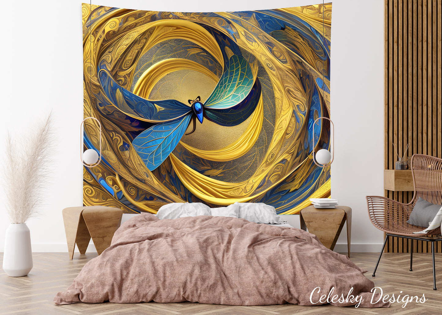 Dragonfly Tapestry abstract art dragonflies gold blue Tapestry