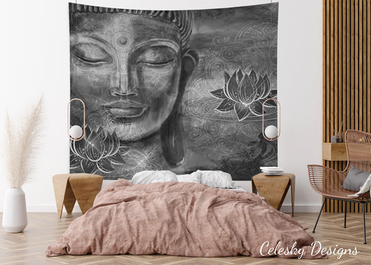 Buddha Tapestry B&w Buddha Wall Art Gray Tapestry Spiritual Tapestries Buddha Tapestry Lotus Flower Tapestries Buddha Art Grey