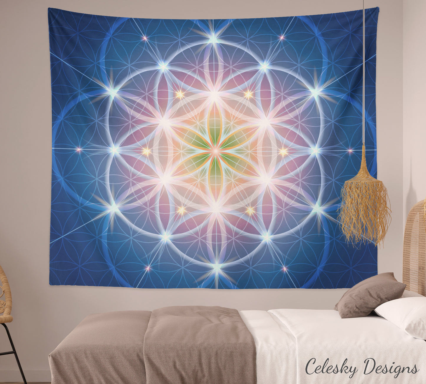 Blue Sacred Geometry Tapestry Spiritual Wall Hanging Flower Of Life Tapestries Sacred Geometry Tapestries Yoga Tapestry Blue Tapestry