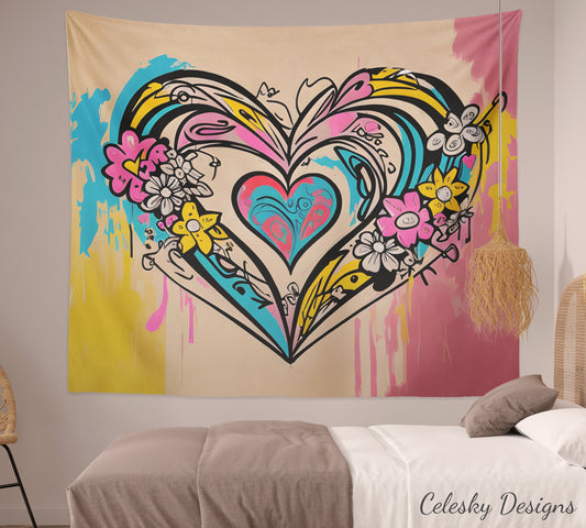 Hearts Tapestry colorful heart love wall art pink abstract heart art tapestry hearts tapestries pink blue