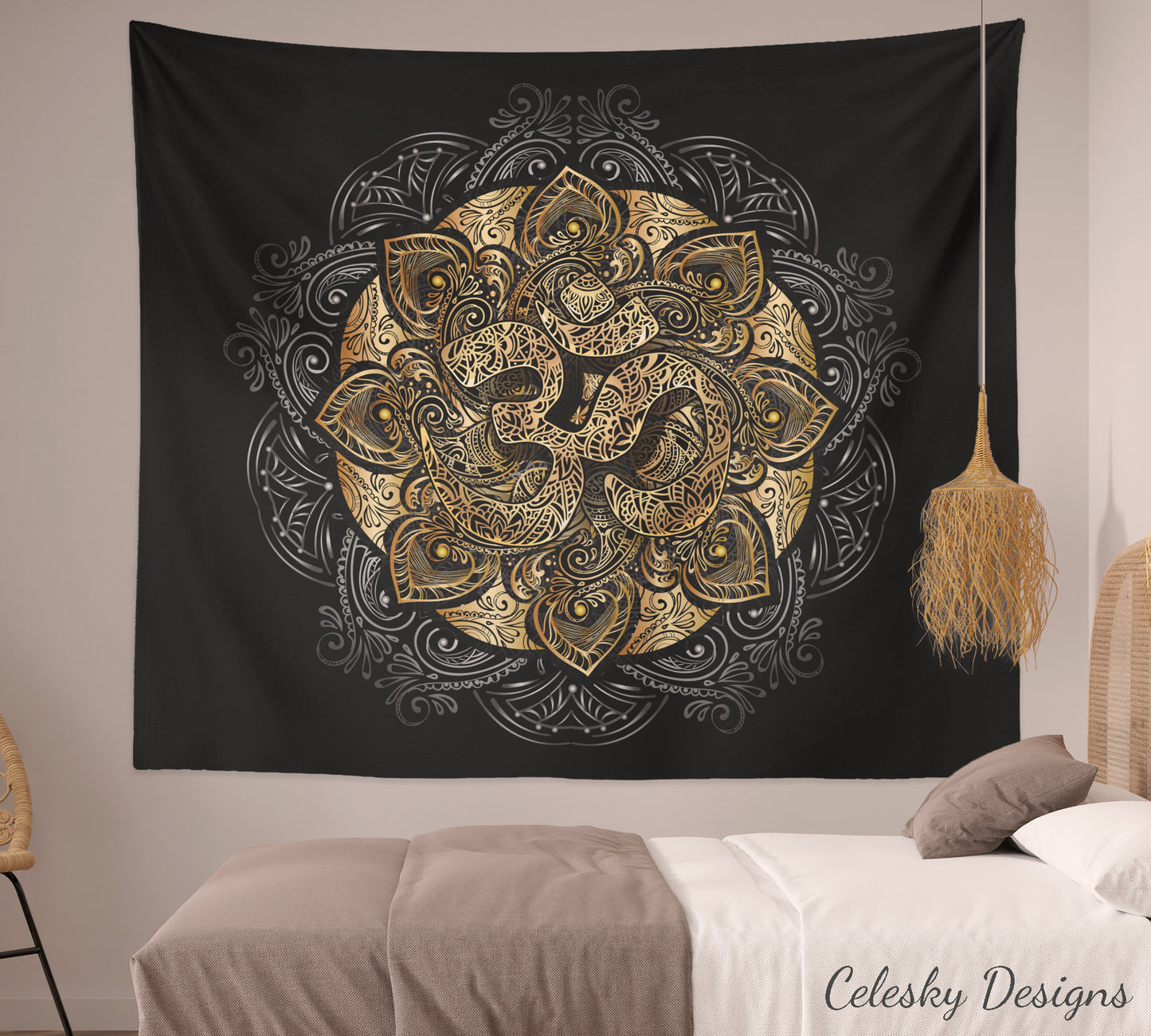 Om Tapestry spiritual Wall Art black gold tapestries
