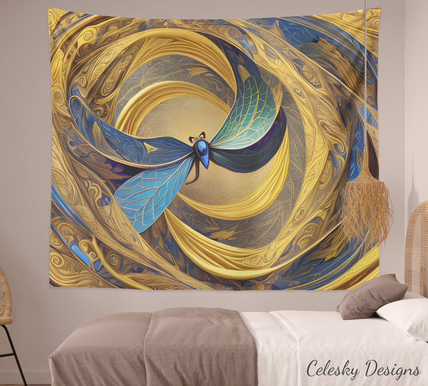 Dragonfly Tapestry abstract art dragonflies gold blue Tapestry