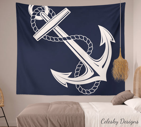 Anchor tapestry nautical tapestry navy white rope anchors wall hanging boating tapestries ocean beach decor