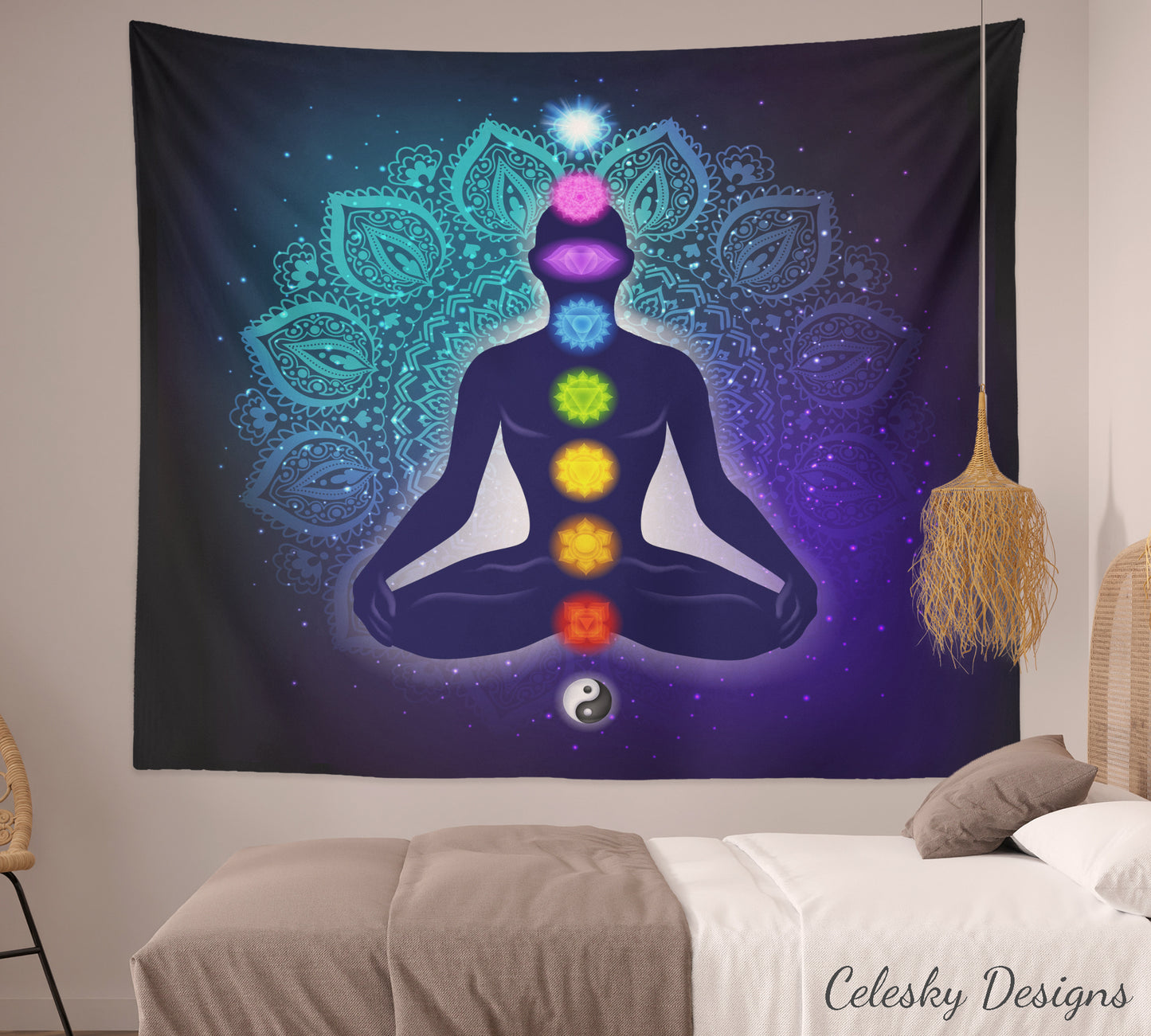 Chakra Blue Tapestry spiritual Wall Art mandala meditation chakras tapestries