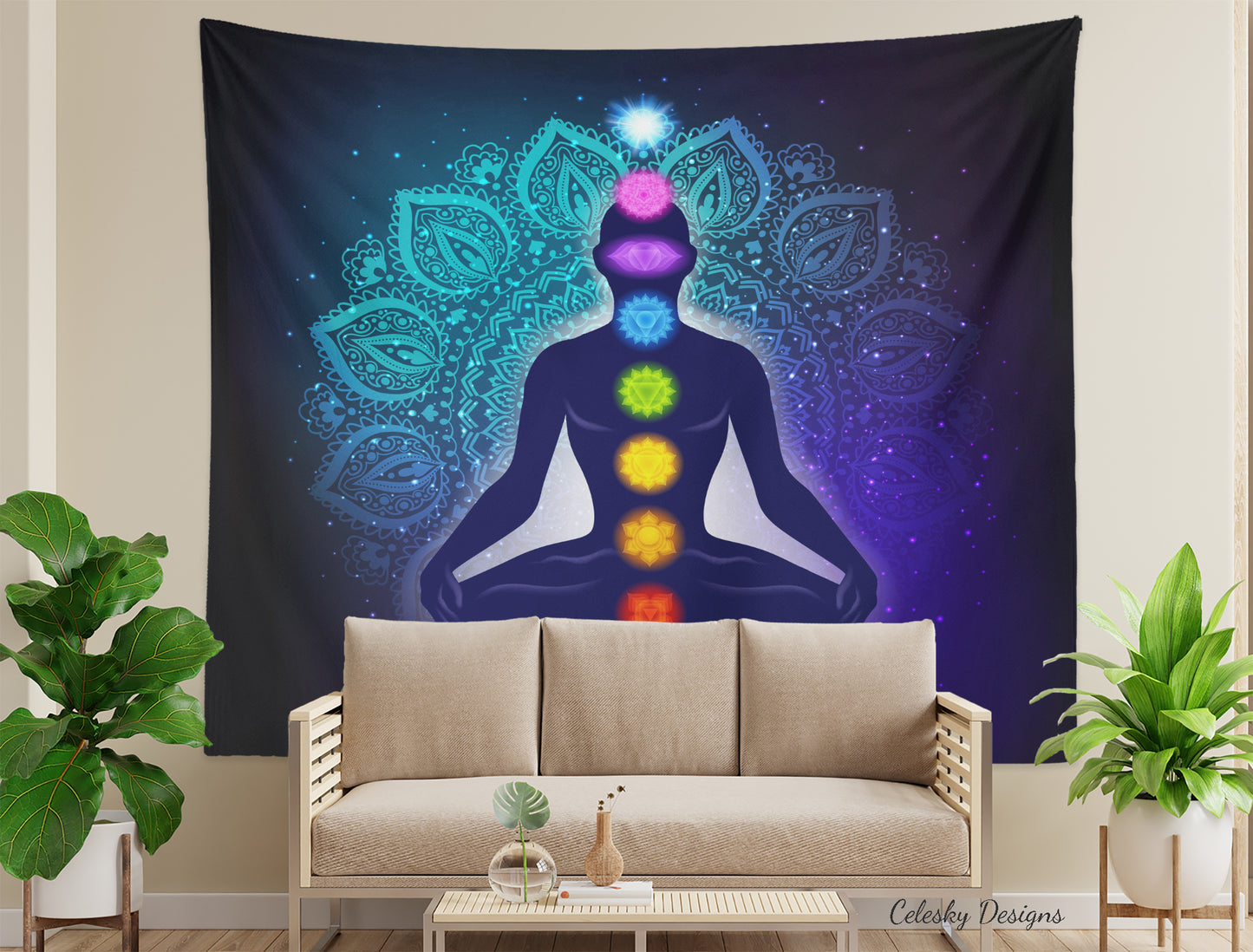 Chakra Blue Tapestry spiritual Wall Art mandala meditation chakras tapestries